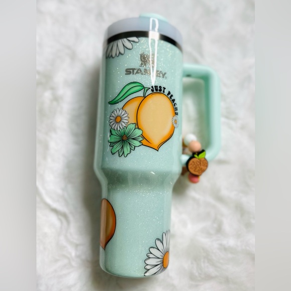 Stanley custom Pastel Green Tumbler with Peach and Floral Design 40 oz NWOT